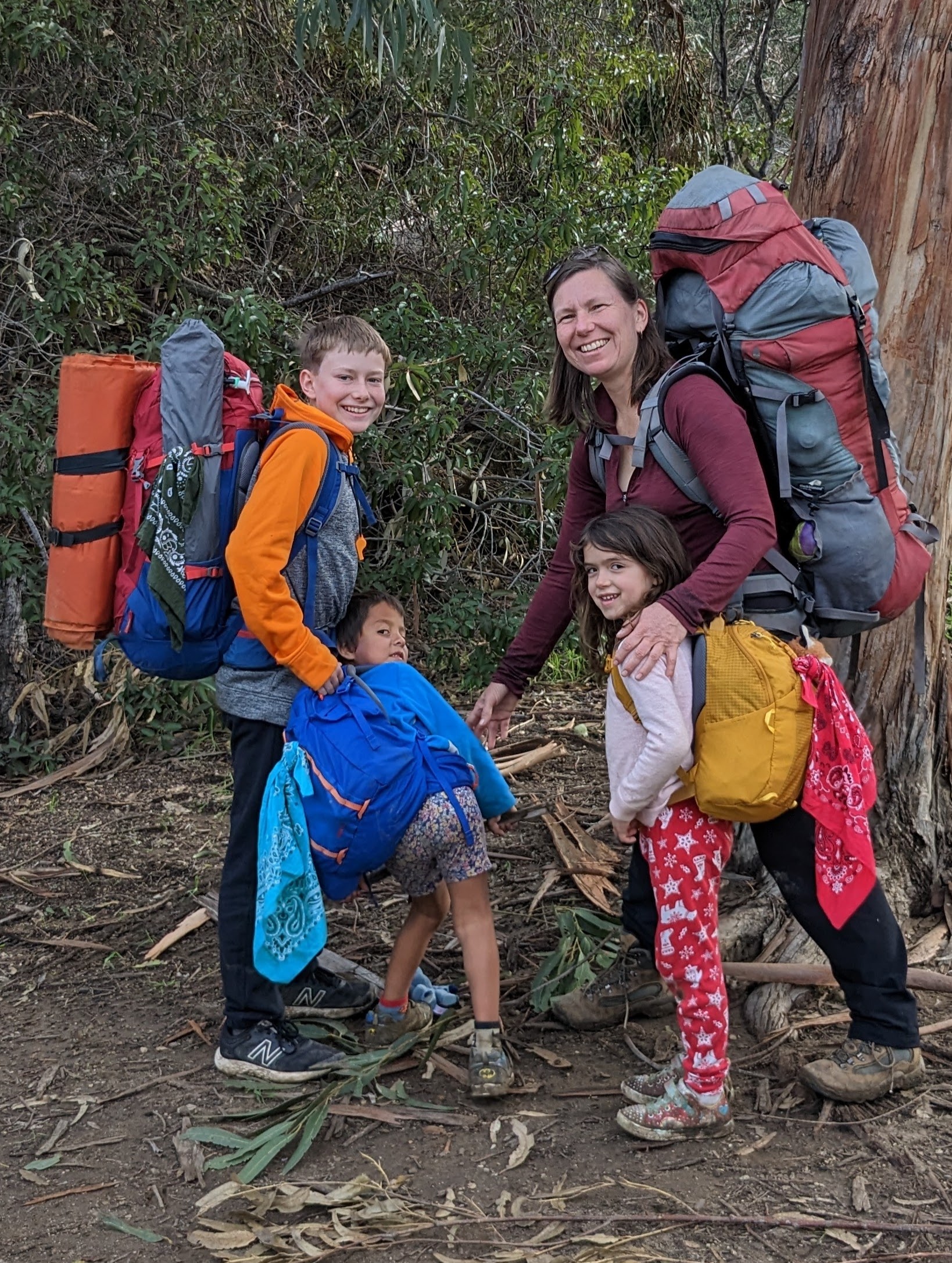 Tania with her three kids on a backpacking trip in the Santa Monica mountains.